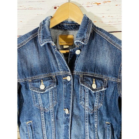 AE American Eagle Denim Jean Jacket Womens Sz Extra Small Coat Distressed Cuffs - Picture 9 of 9